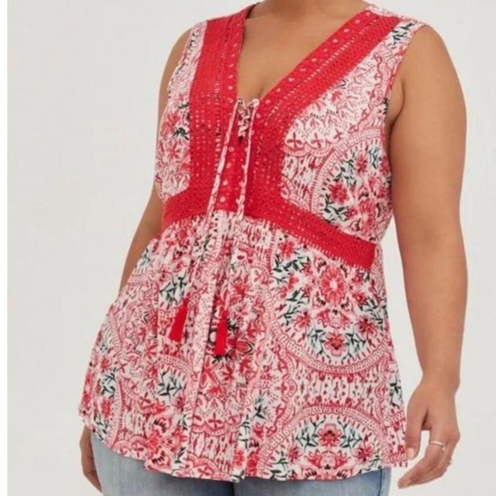 Torrid Crochet Insert Lace Up Sleeveless Boho Babydoll Top Red Floral Sz 5X